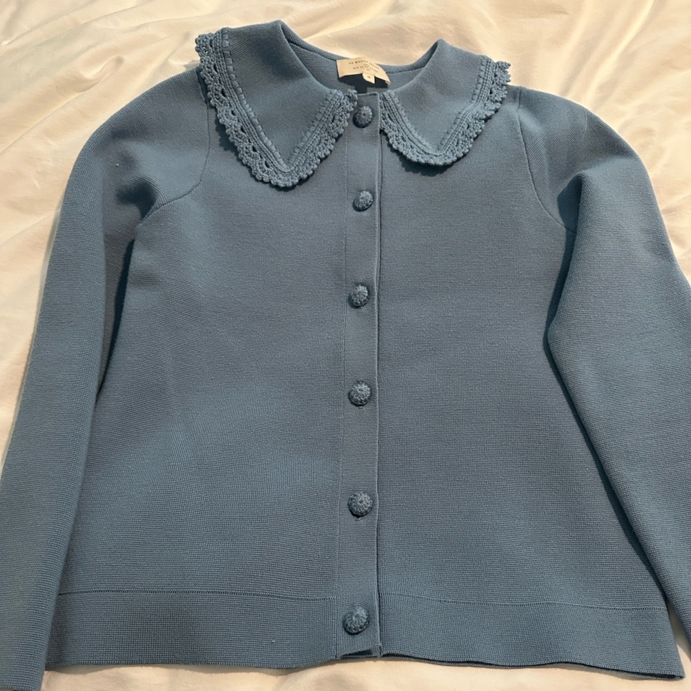 Sezane Blue Cardigan with Crochet Collar - Picture 3 of 5